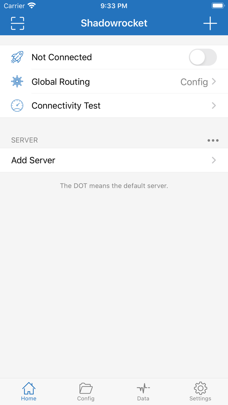 Shadowrocket公式Homeのスクリーンショット。Not Connected、Global Routing、Connectivity Test、SERVER、Add Serverを表示