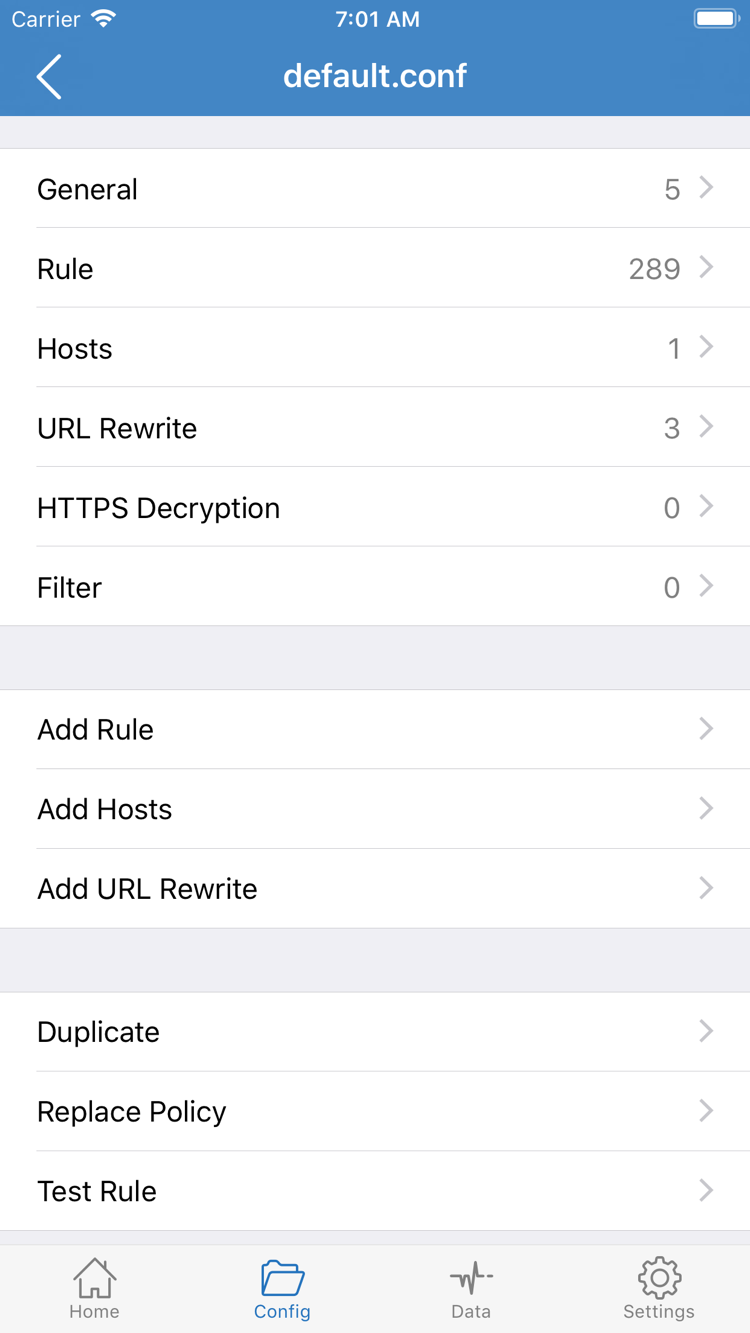 Shadowrocket Config editing screen showing General, Rule, Hosts, URL Rewrite, HTTPS Decryption, and Add Rule
