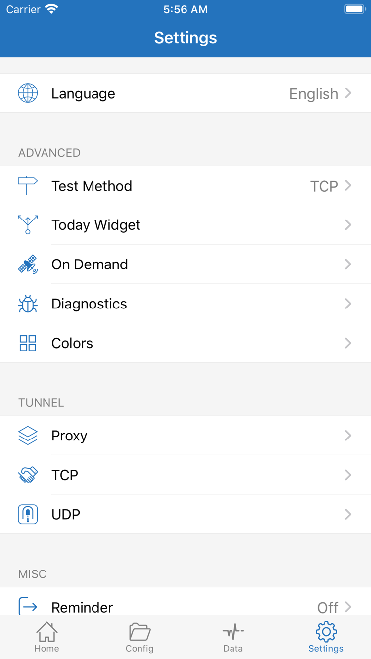 Shadowrocket Settings screen showing Language, Test Method, Today Widget, On Demand, Diagnostics, Proxy, TCP, and UDP