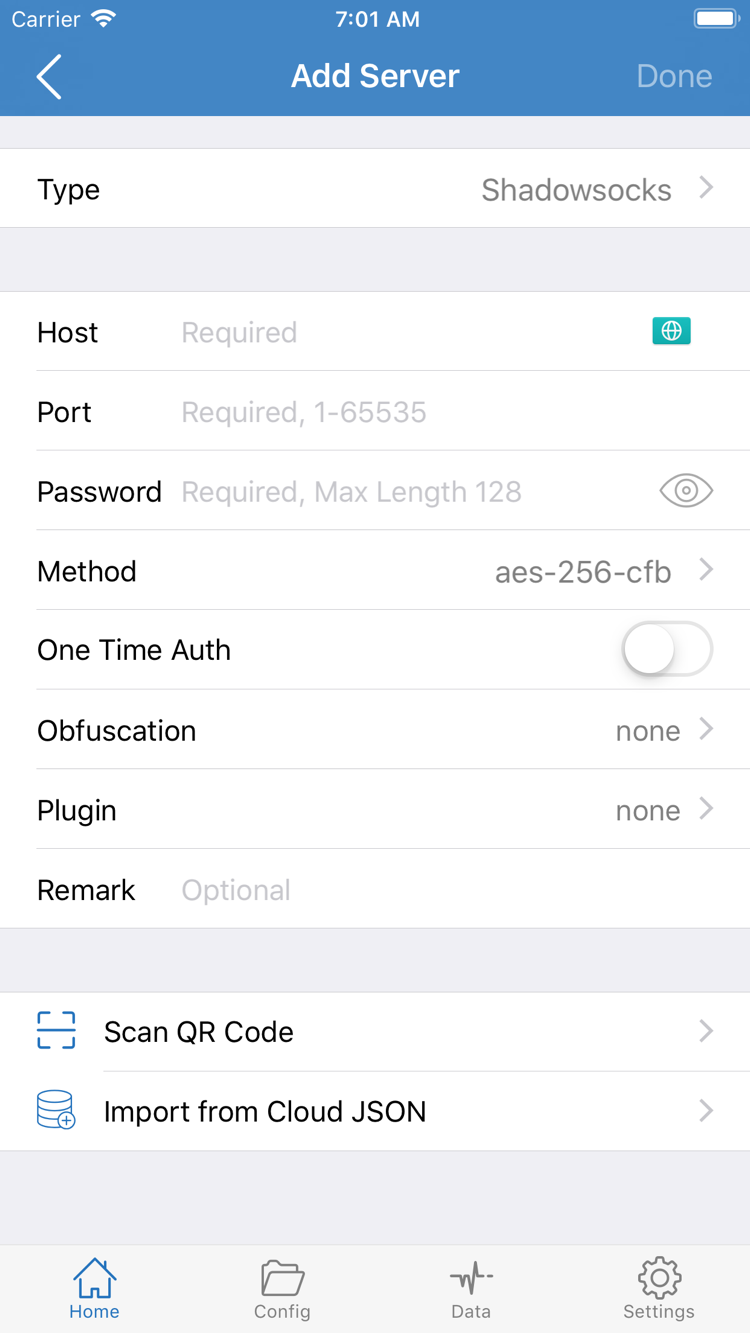 Shadowrocket公式Add Serverのスクリーンショット。Type、Host、Port、Password、Method、Scan QR Code、Import from Cloud JSONを表示
